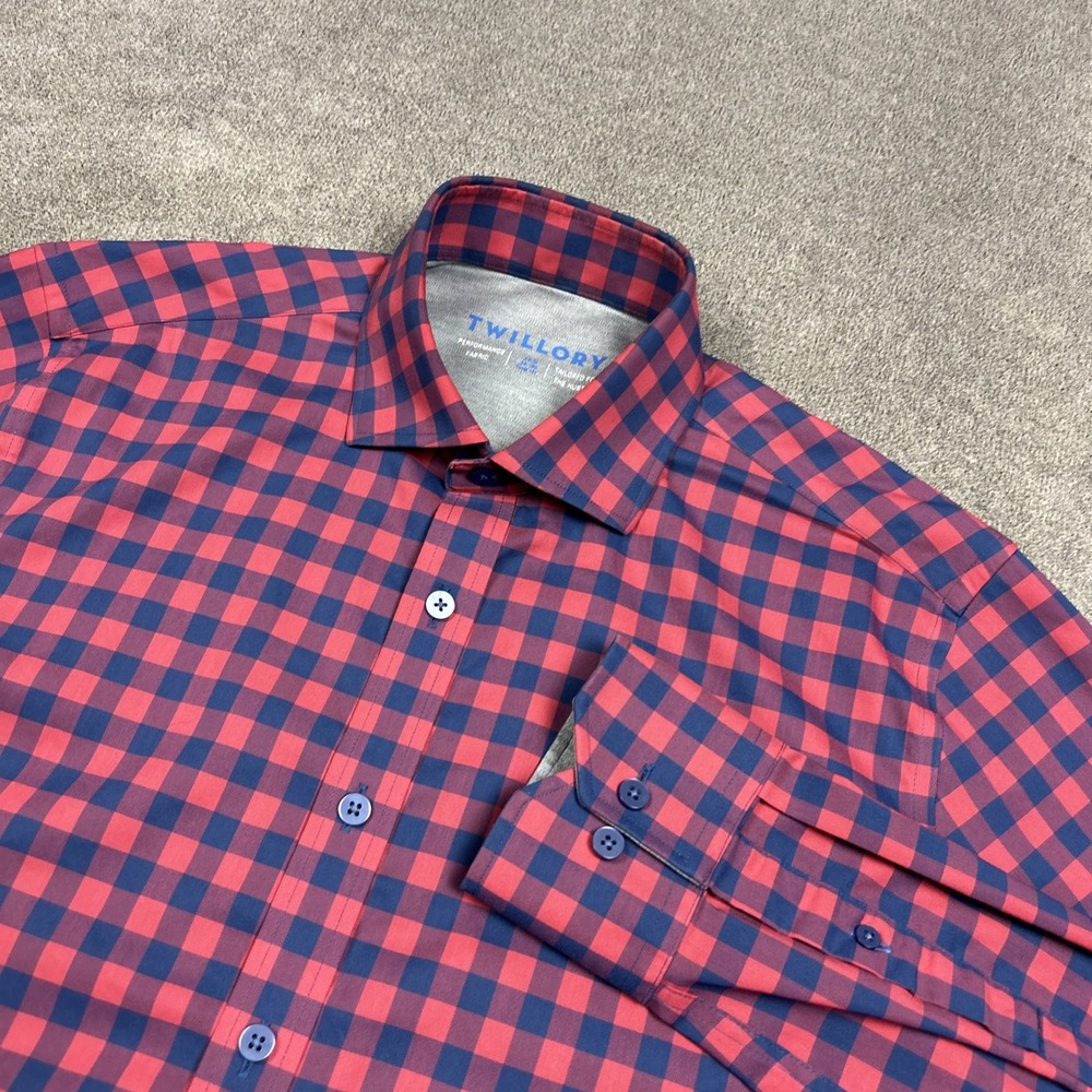 Twillory Performance Shirt Mens 15.5 34/35 Trim Fit Button Up Red Blue Check